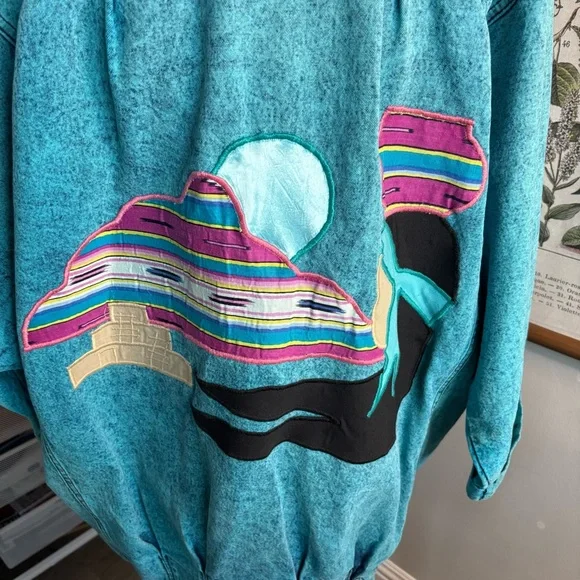 Vintage Sundance Turquoise Jean Jacket with Southwest Embroidery Large - Picture 5 of 8